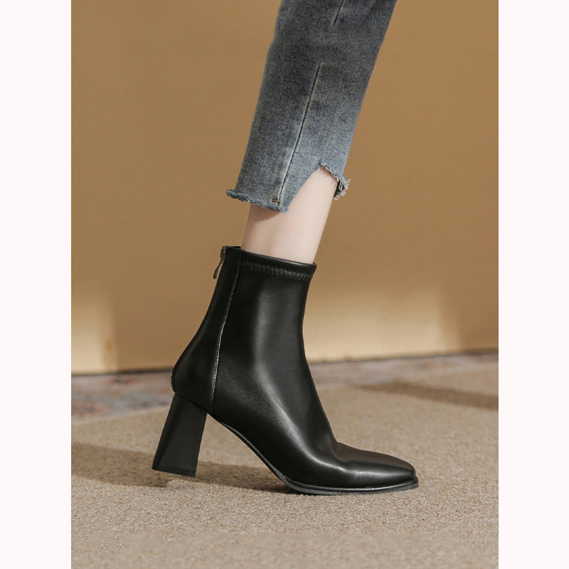 Women's White Martin Boots2024New Spring and Autumn Thick Heel Short Boots British Style Women's Slim Winter Fleece Boots