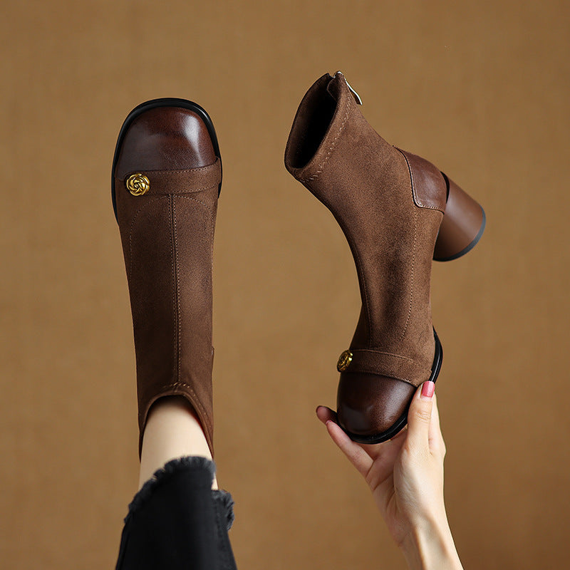 Patchwork Suede Camellia High Heel Chunky Heel Short Boots for Women Stretch Slim Boots Plus Size