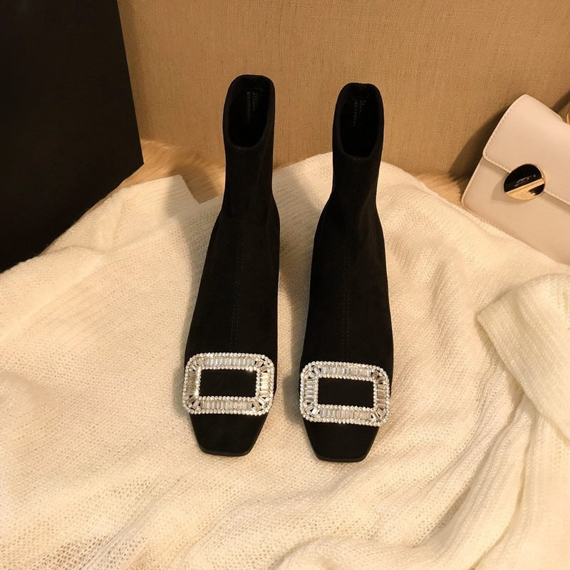 Square Buckle Rhinestone Elastic Sock Boots for Women, Low Heel, Chunky Heel, Black Square Toe Short Boots, Suede Slim Boots for Women