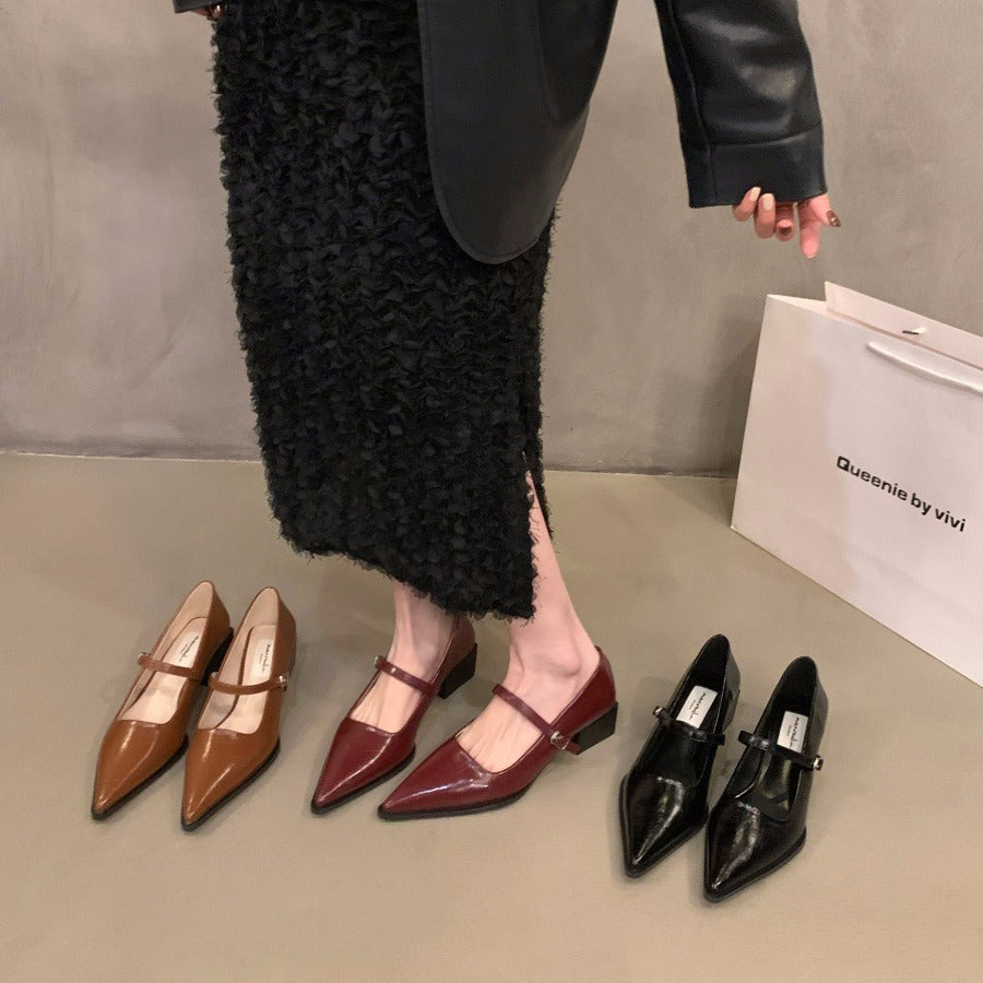French style mid-high heel black pointed toe women's shoes2024New Spring Autumn Winter Mary Jane Evening Shoes