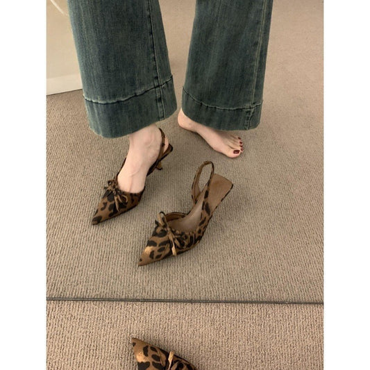 French high-end bow-knot stunning leopard print closed-toe sandals for women in summer2024New Year's stiletto high heels