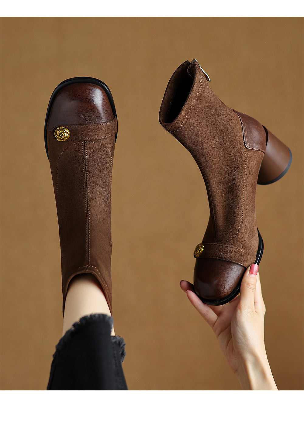Patchwork Suede Camellia High Heel Chunky Heel Short Boots for Women Stretch Slim Boots Plus Size