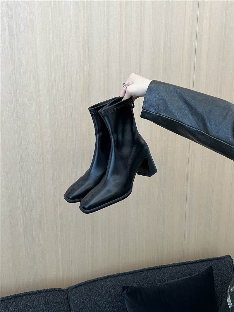 High Heel Slim Boots for Women Little Fairy2024New Year's Thick Heel Chimney Boots Internet Celebrity Fashion Chelsea Short Boots