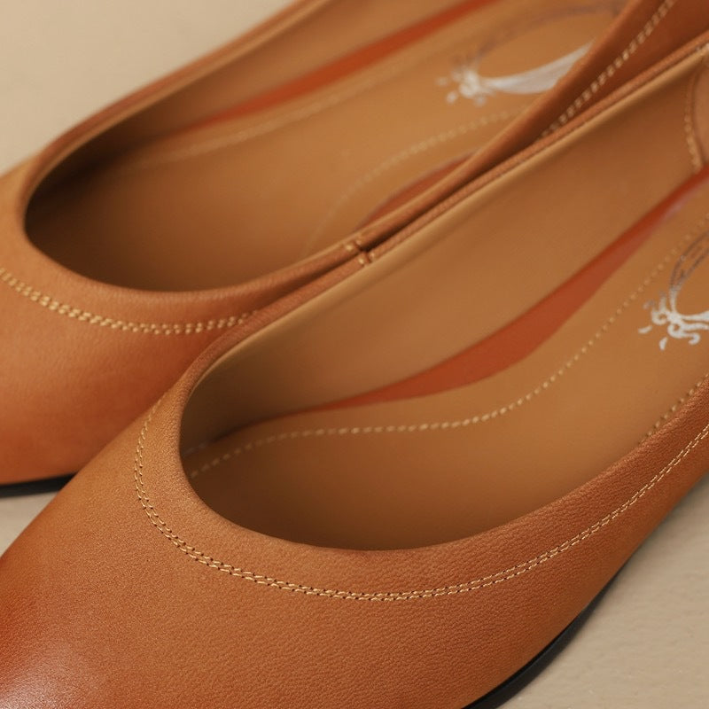 French Retro Color-Washed Pointed Toe Shallow Mouth Women's Shoes2023Spring new style comfortable soft leather thick heel low heel shoes