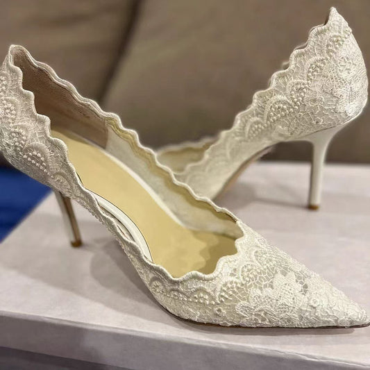 2025Spring and Autumn Lace White Single Shoes Wedding Bride Shoes Women Pointed Toe Thin Heel Hollow Embroidery Mesh High Heels