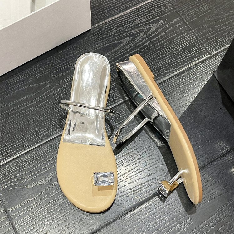 PU Square Heel Low Heel Slippers Rubber Toe