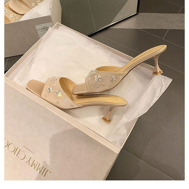 French Style Square Toe One Strap High Heels Petal Rhinestone Satin Kitten Heel Sandals for Women Summer Outdoor Wear