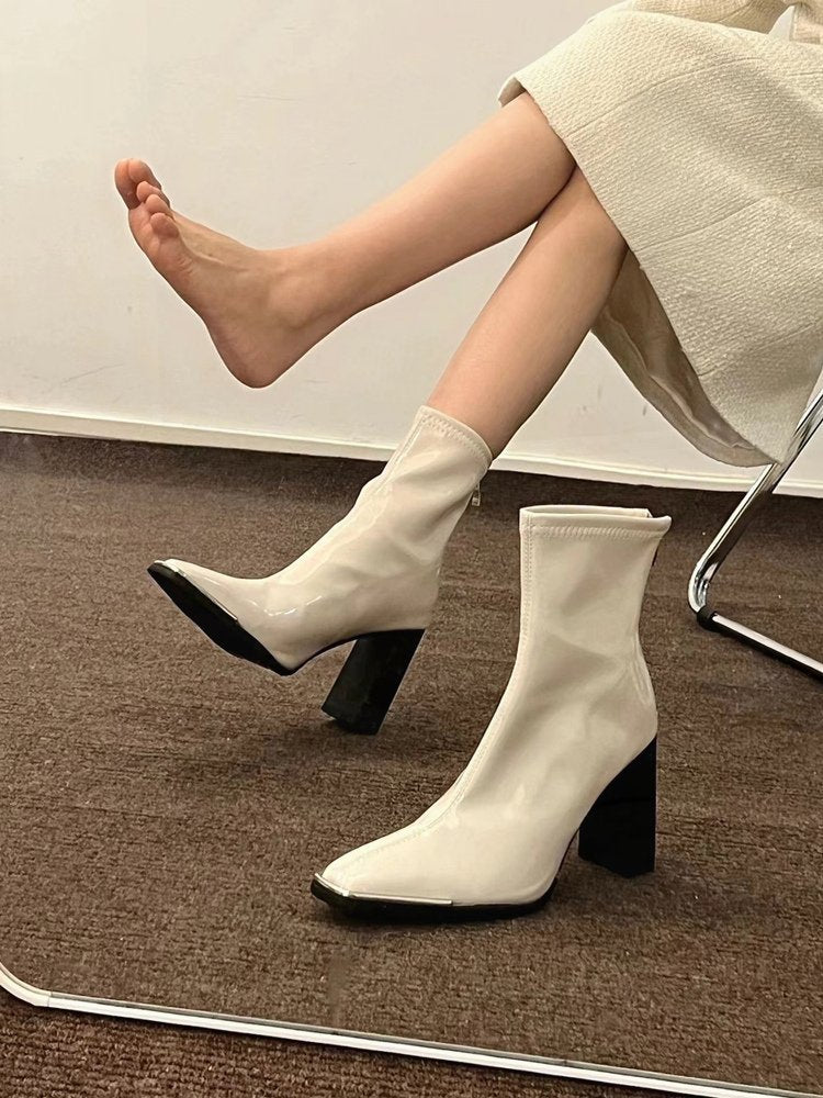 Kendall Jenner Style Short Boots for Women2023New Autumn Winter Square Toe Patent Leather Chunky Heel Short Slimming High Heel Boots