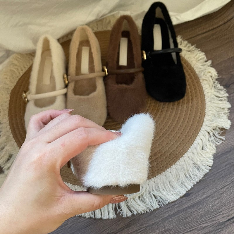 Fairy Style Internal Height Increase5cm Mary Jane Furry Shoes for Women2024New autumn and winter plush single shoes
