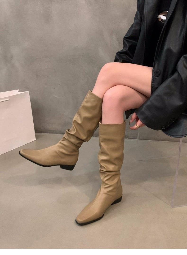 Chunky Heel Ruched Slouchy Long Tube Riding Boots for Women2024New Spring and Autumn Western Slim Mid-Calf Long Boots