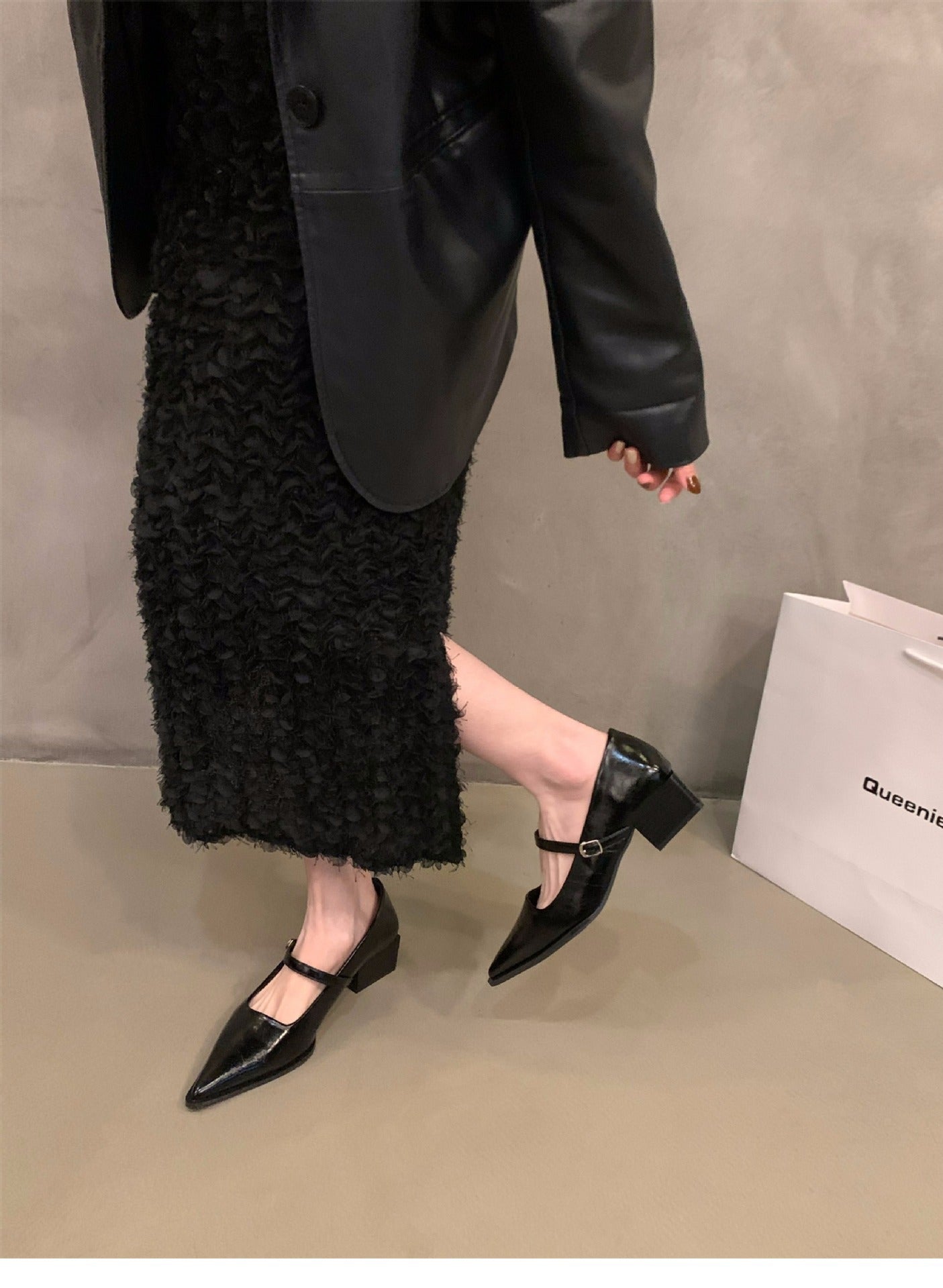 French style mid-high heel black pointed toe women's shoes2024New Spring Autumn Winter Mary Jane Evening Shoes