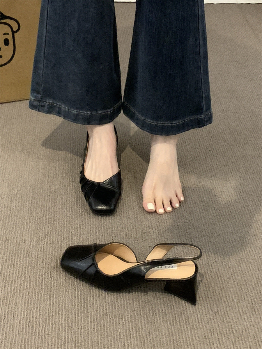 2024Spring Summer New High Heel Closed Toe Backless Sandals Women's Shoes Chunky Heel Shallow Mouth French Gentle Style Single Shoes Women's Shoes
