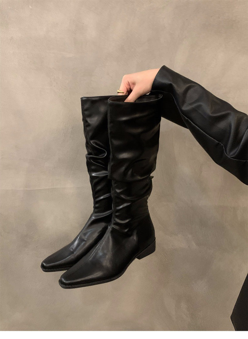 Chunky Heel Ruched Slouchy Long Tube Riding Boots for Women2024New Spring and Autumn Western Slim Mid-Calf Long Boots