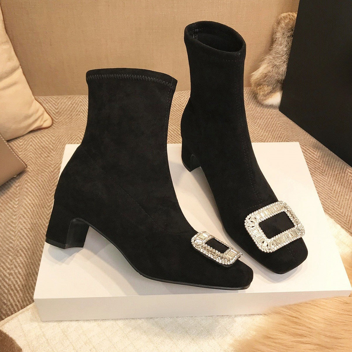 Square Buckle Rhinestone Elastic Sock Boots for Women, Low Heel, Chunky Heel, Black Square Toe Short Boots, Suede Slim Boots for Women
