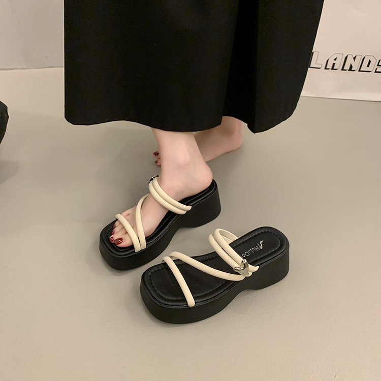 Solid Color Platform Sole Slippers PU Rubber mid-heel(3-5cm)