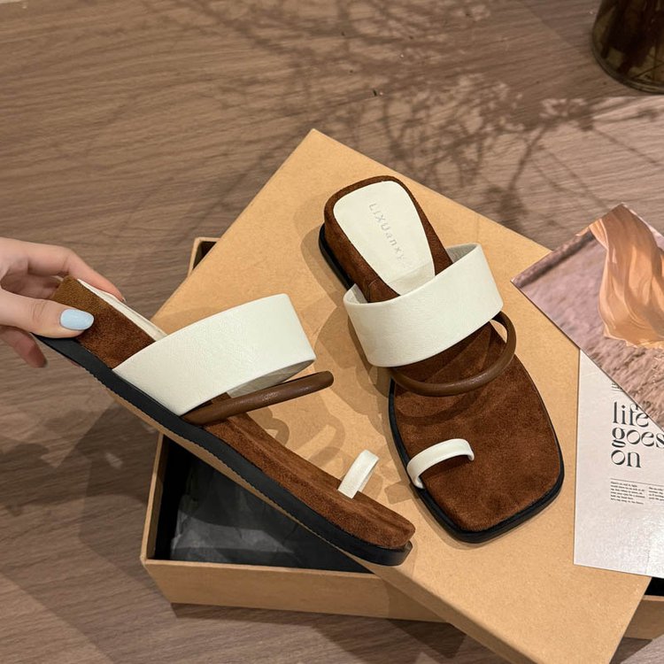 Rubber PU Medium Heel Flat Toe Slippers
