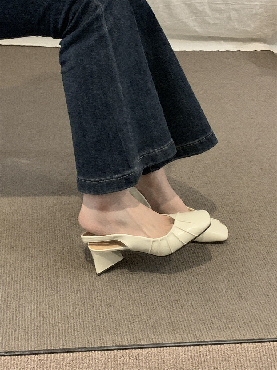 2024Spring Summer New High Heel Closed Toe Backless Sandals Women's Shoes Chunky Heel Shallow Mouth French Gentle Style Single Shoes Women's Shoes