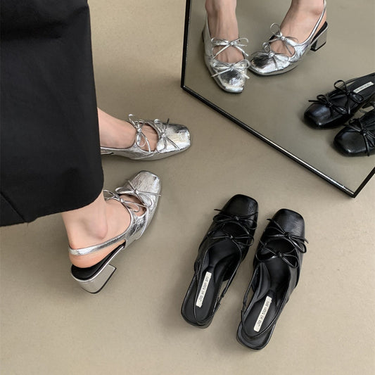 Closed-Toe Sandals for Women Summer New French Style Beautiful Fairy Style Evening Chunky Heel silver Single Shoes Elegant High Heels