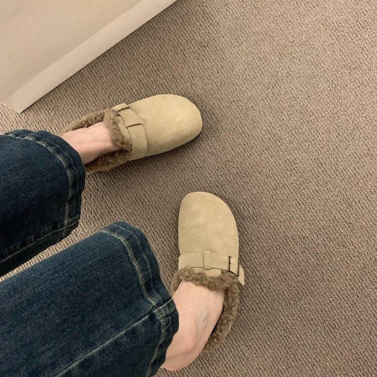 Japanese Mori Girl Style Retro Soft Leather Birkenstock Shoes for Women with Fleece Lining2024Autumn and Winter New Style Height-Increasing Warm Cotton Loafers