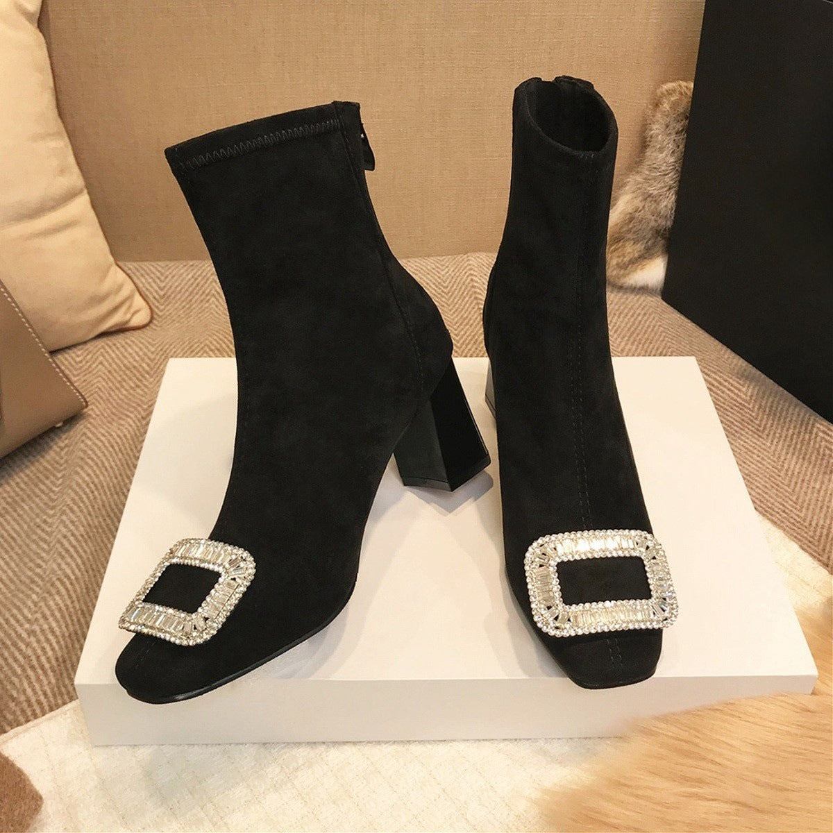Square Buckle Rhinestone Elastic Sock Boots for Women, Low Heel, Chunky Heel, Black Square Toe Short Boots, Suede Slim Boots for Women