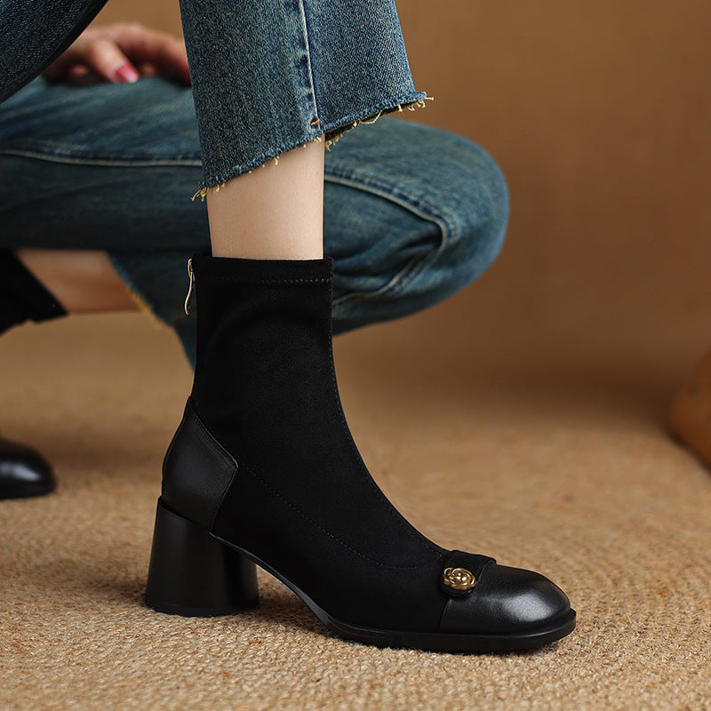 Patchwork Suede Camellia High Heel Chunky Heel Short Boots for Women Stretch Slim Boots Plus Size