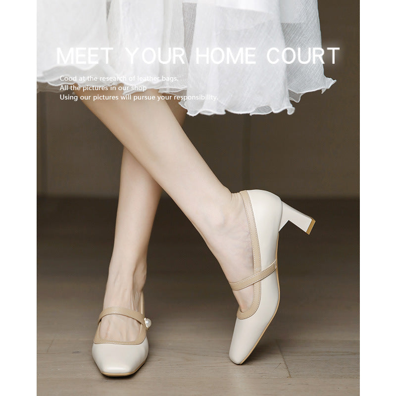 Mary Jane High Heels for Women, Chunky Heel, 2025 New Vintage Style, Versatile with Dresses, French Mid-Heel Square Toe Pumps for Women