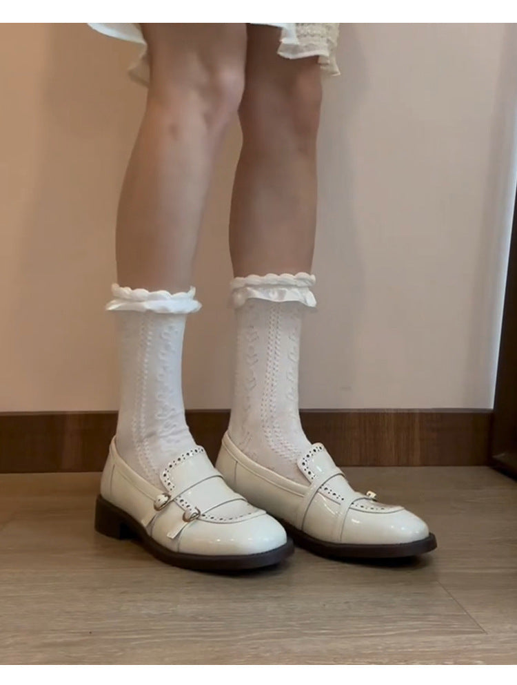 French Style Gentle White Loafers for Women with Belt Buckle Carved Slip-On Low Heel Shoes