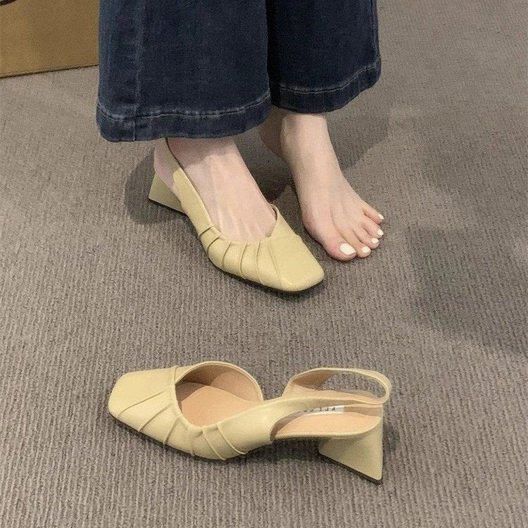 2024Spring Summer New High Heel Closed Toe Backless Sandals Women's Shoes Chunky Heel Shallow Mouth French Gentle Style Single Shoes Women's Shoes