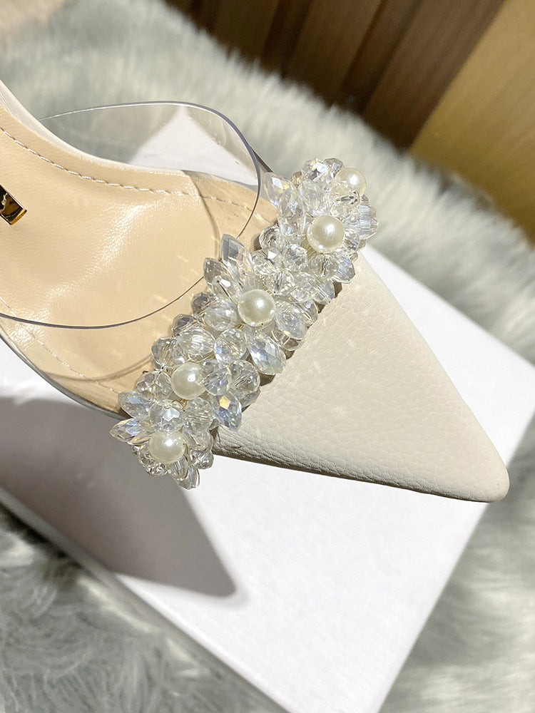 Women's Closed-Toe Sandals for Spring and Summer2023New Year's New French Transparent Pointed Toe Small Heel White High Heels Stiletto Single Shoes