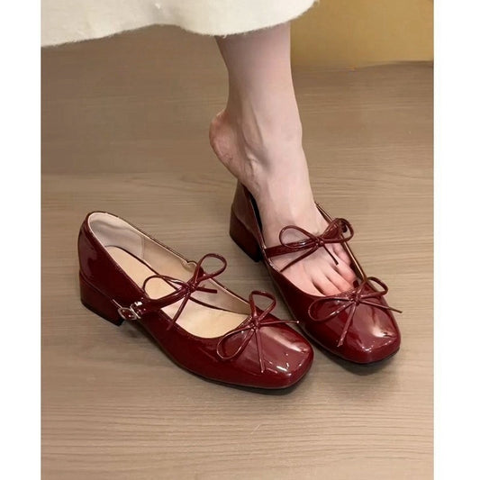French Style Red Ballet Mary Jane Shoes for Women, Chunky Heel Patent Leather Granny Shoes, Retro Shallow Mouth Square Toe Single Shoes