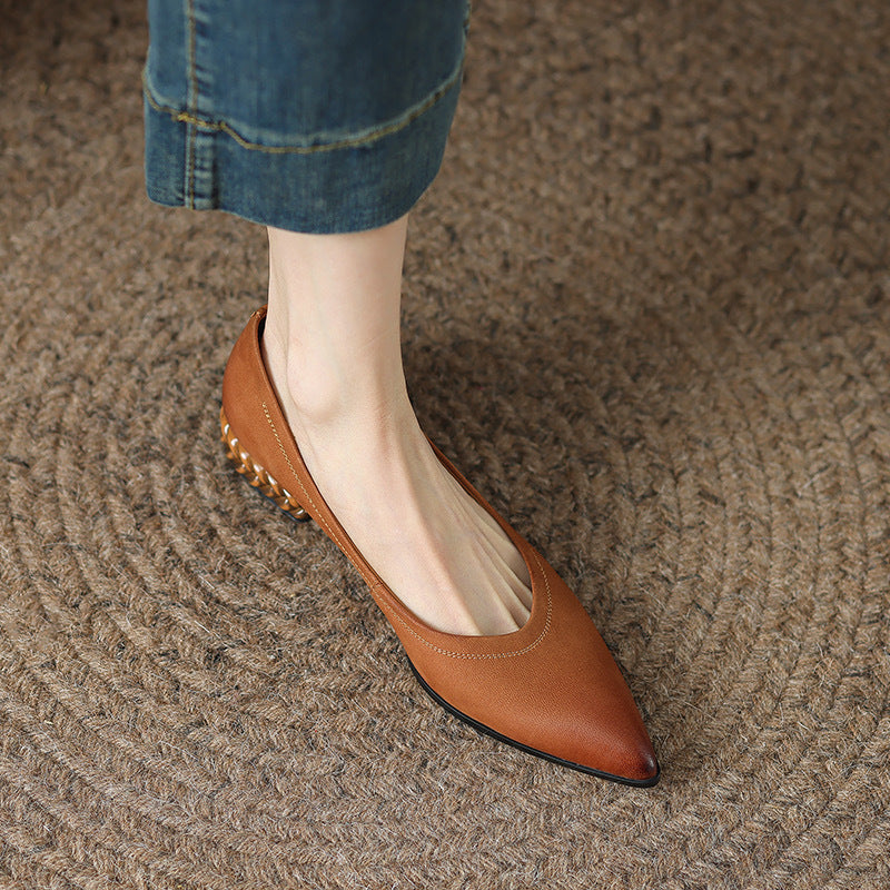 French Retro Color-Washed Pointed Toe Shallow Mouth Women's Shoes2023Spring new style comfortable soft leather thick heel low heel shoes