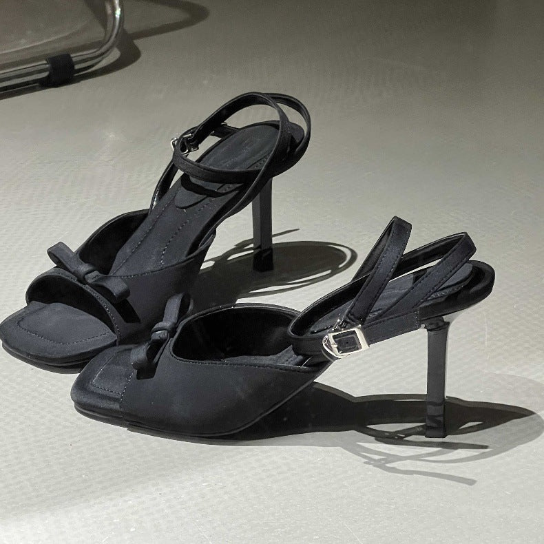 Ankle Strap silver Satin Bow High Heel Sandals Thin Heel Open Toe Women's Sandals Elegant