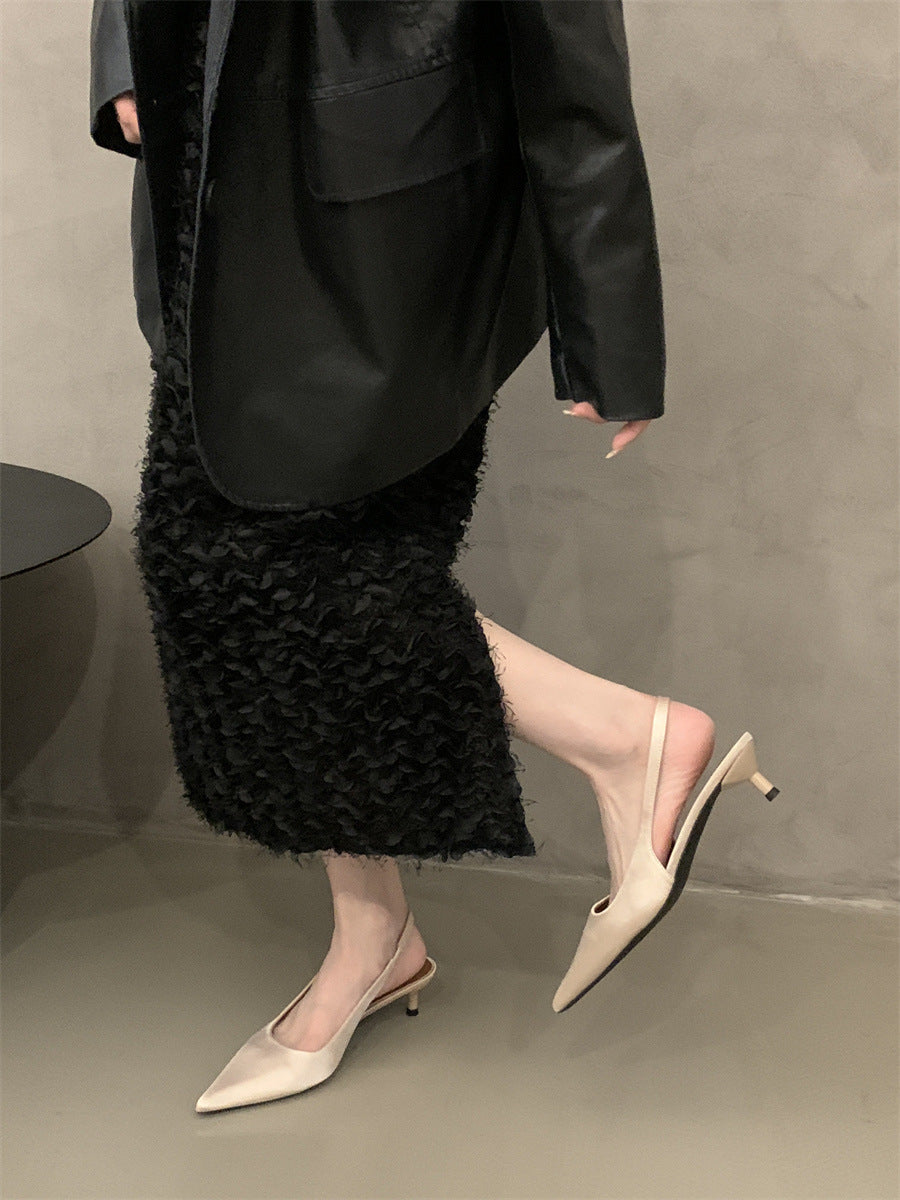 Niche high-end closed-toe sandals for women2024New Spring and Autumn Style Thin Heel Comfortable Pointed Toe Backless Single Shoes