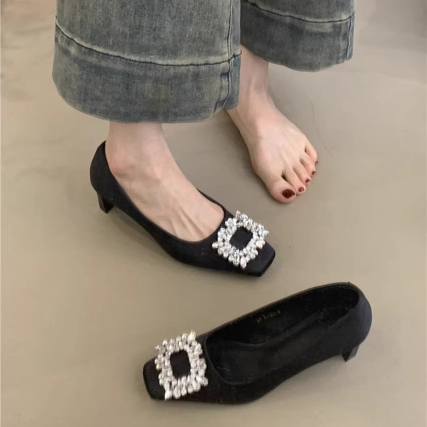 Elegant High Heels for Women2025New Year's New French Elegant Evening Style Rhinestone Square Toe Shallow Mouth Thick Heel Commuting Women's Shoes