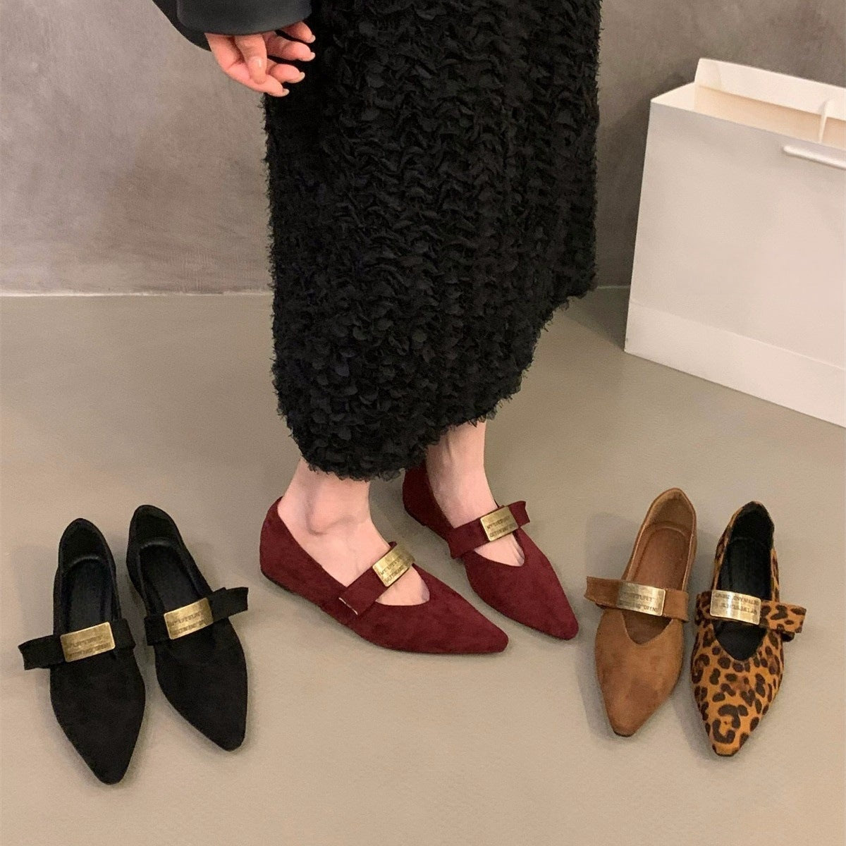 Red Pointed Toe Mary Jane Shoes with Hidden Wedge for Women2024New Spring and Autumn French Leopard Print Small Shoes
