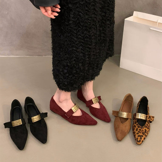 Red Pointed Toe Mary Jane Shoes with Hidden Wedge for Women2024New Spring and Autumn French Leopard Print Small Shoes