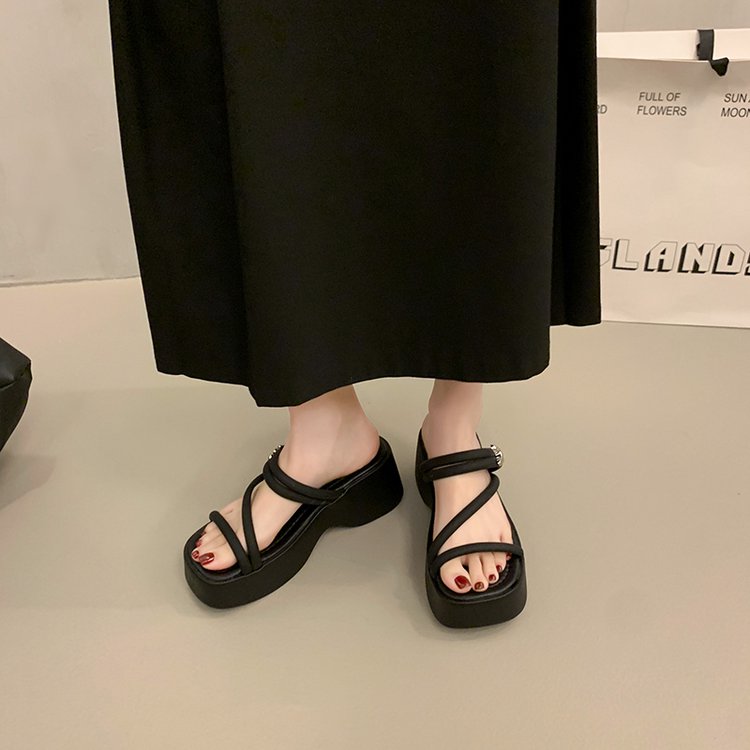 Solid Color Platform Sole Slippers PU Rubber mid-heel(3-5cm)