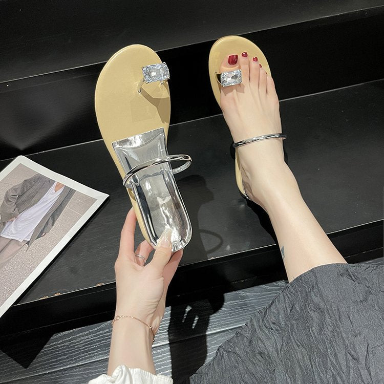PU Square Heel Low Heel Slippers Rubber Toe