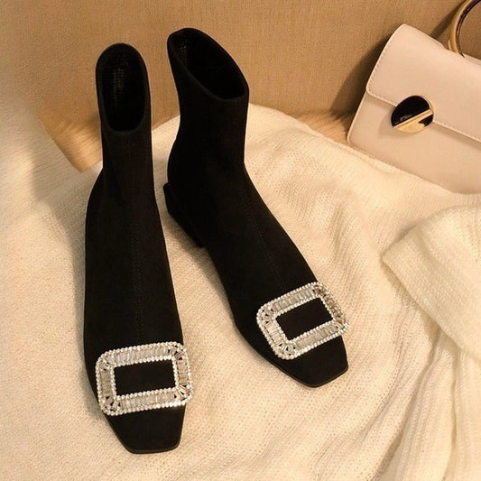 Square Buckle Rhinestone Elastic Sock Boots for Women, Low Heel, Chunky Heel, Black Square Toe Short Boots, Suede Slim Boots for Women