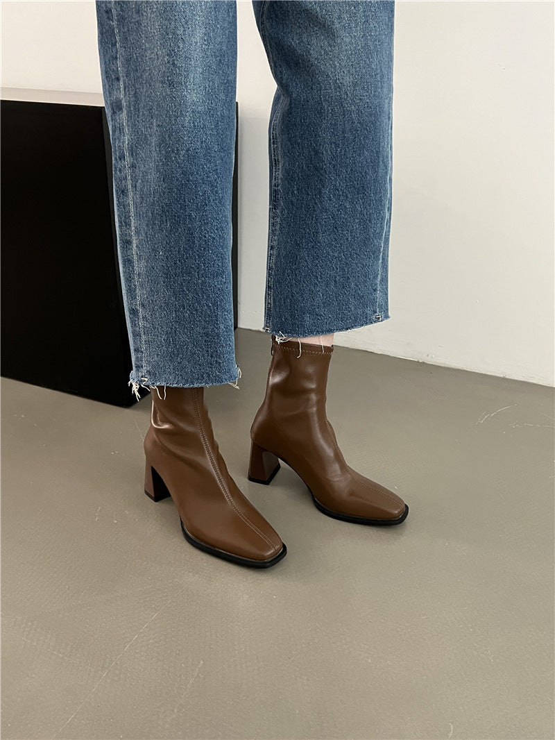 High Heel Slim Boots for Women Little Fairy2024New Year's Thick Heel Chimney Boots Internet Celebrity Fashion Chelsea Short Boots