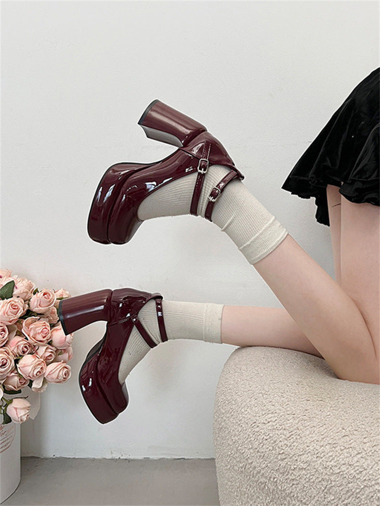 French style red high heels for women2024New Year's New Matching Skirt Temperament Thick Heel Mary Jane Shoes