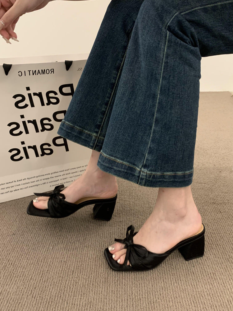 French-style High-end Satin Bow Thick Heel Sandals for Women2023New summer open-toe high heels