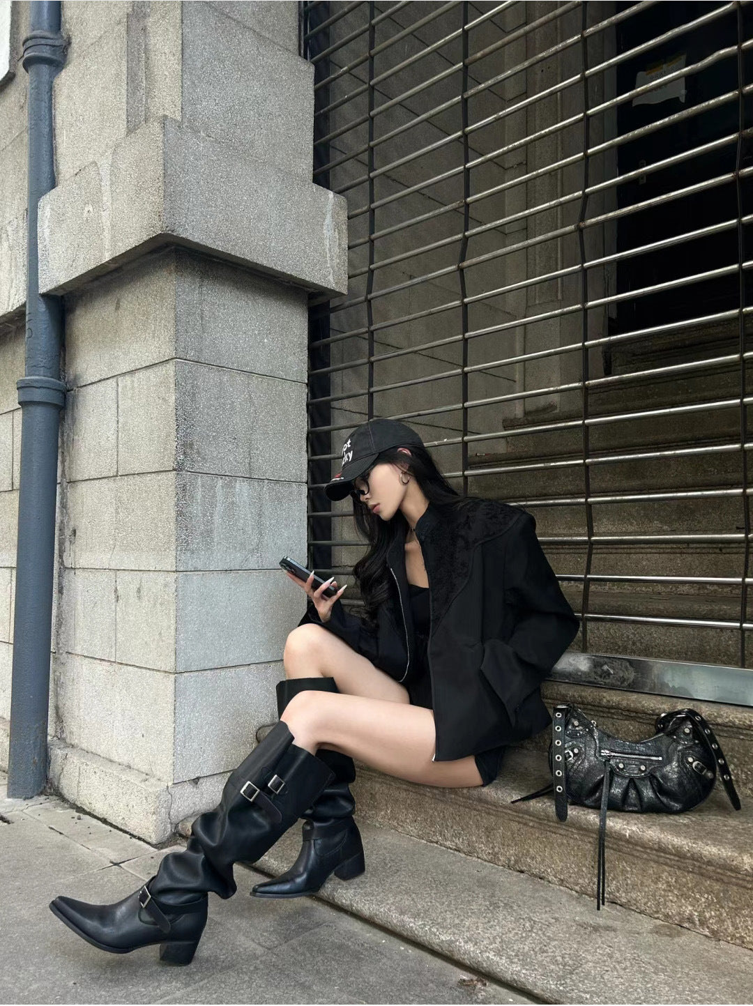 Korean Style Large Tube Pile Boots for Women with Chunky Heels, Over-the-Knee Boots2024Autumn Belt Buckle Western Boots Fashion Long Boots
