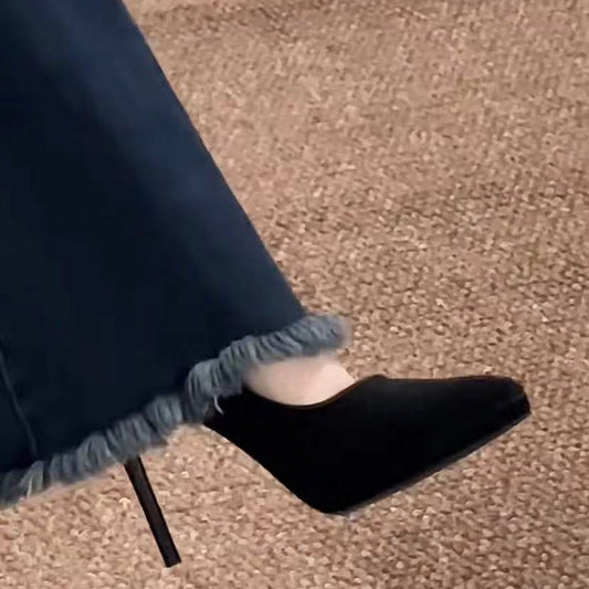 2024Autumn French Style Black Suede Pointed Toe Stiletto Thick Sole Waterproof Platform High Heels for Women, Unique Design, Suitable for Dresses, Single Shoes