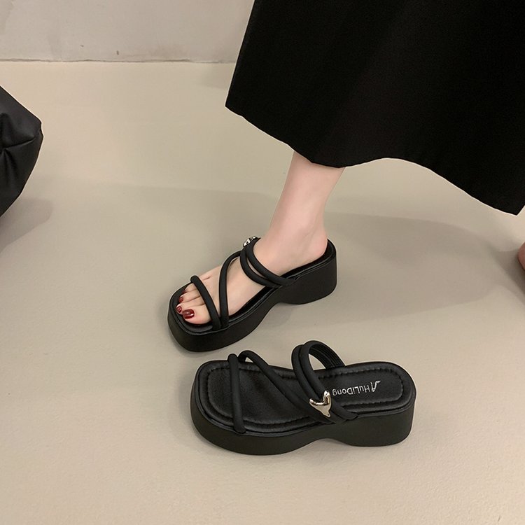 Solid Color Platform Sole Slippers PU Rubber mid-heel(3-5cm)