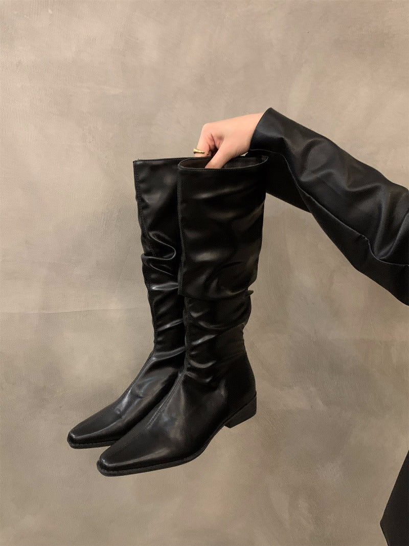 Chunky Heel Ruched Slouchy Long Tube Riding Boots for Women2024New Spring and Autumn Western Slim Mid-Calf Long Boots