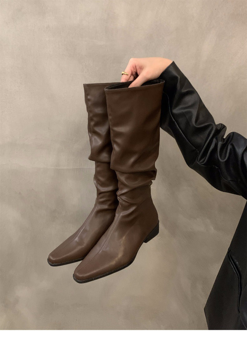 Chunky Heel Ruched Slouchy Long Tube Riding Boots for Women2024New Spring and Autumn Western Slim Mid-Calf Long Boots