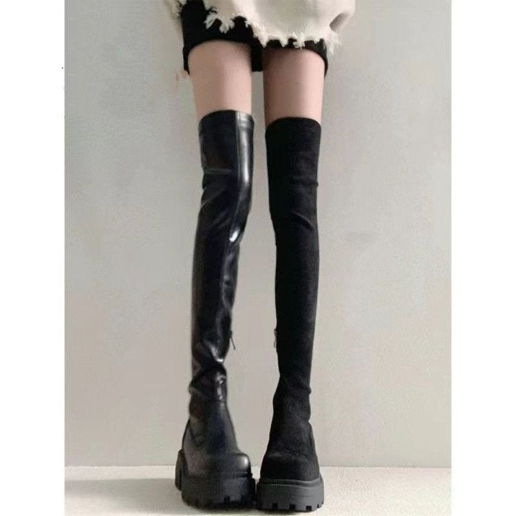 Over-the-Knee Long Boots for Women, French Style High Boots, Leg-Wrapping Elastic Slim Boots, Thick-Soled Leather Boots, Riding Boots