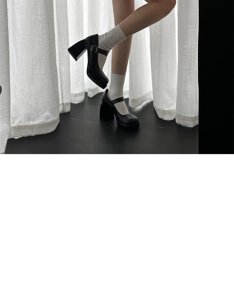 Black thick high heels2023New Style One-Strap Mary Jane Shoes Shallow Mouth Single Shoes for Women Round Toe