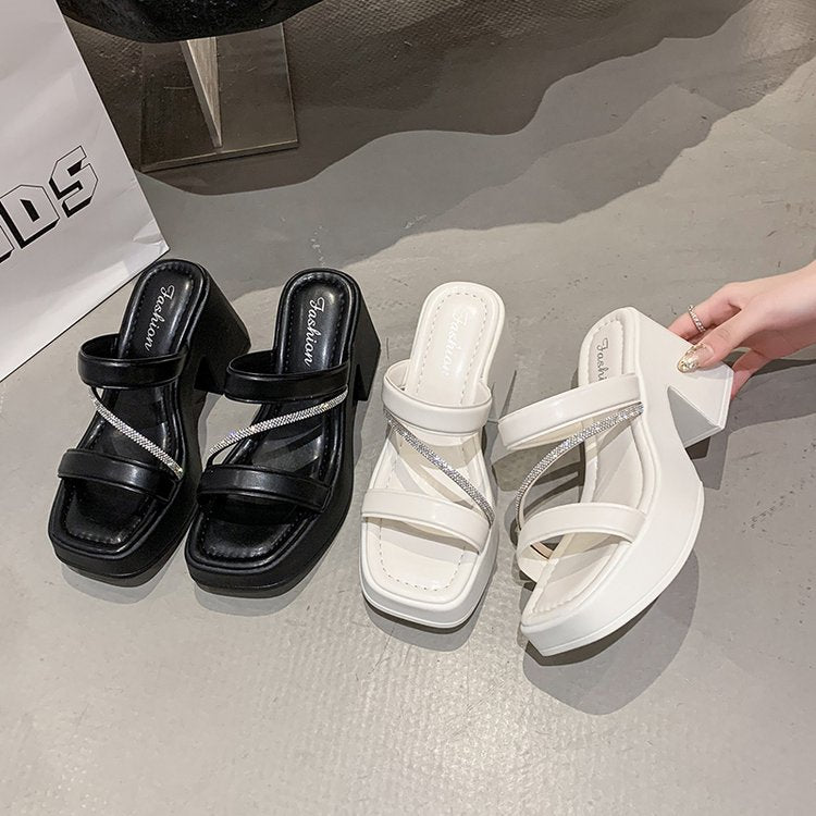 Solid Color Rubber Chunky Heel PU High Heel Slippers